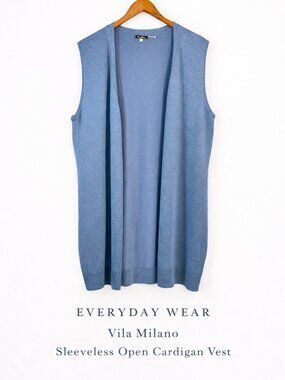 Vila Milano Blue Sleeveless Open Cardigan Vest XL Knit Duster